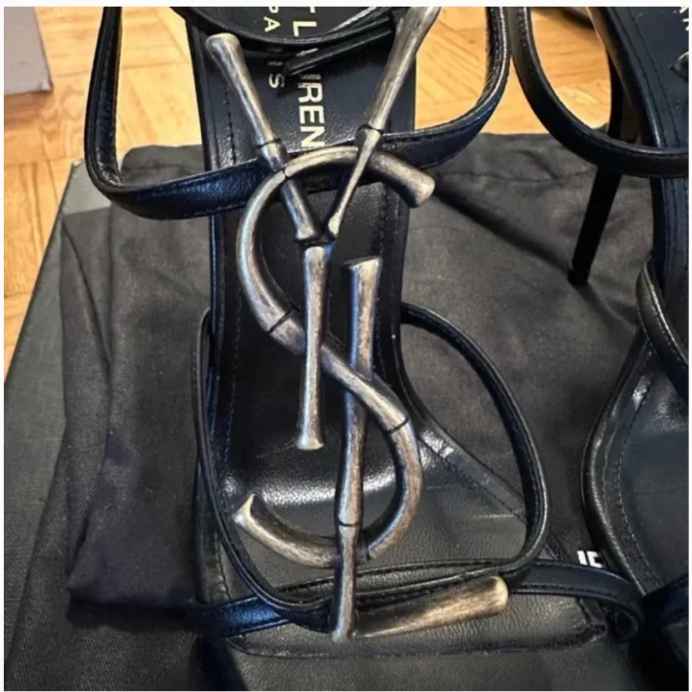 Saint Laurent Black Heels with Gold Logo Accent - Picture 6 of 8